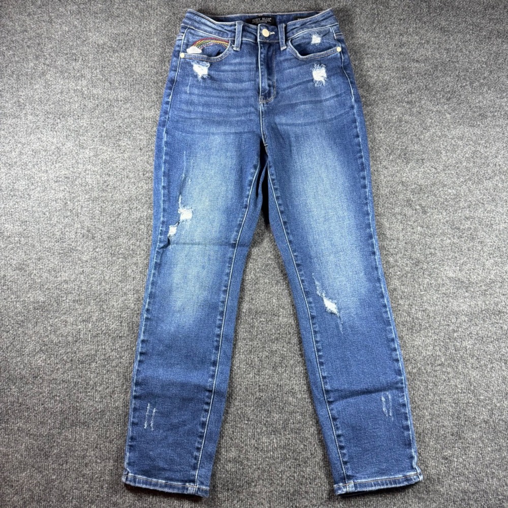 Judy Blue Rainbow Embroidered Distressed Straight Leg Jeans Blue 3/26 JB88438 MD
